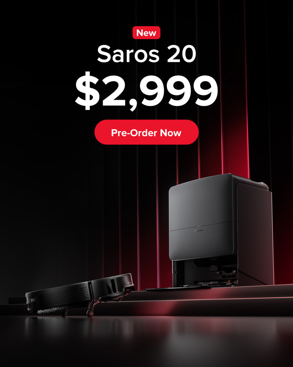 Roborock Saros 20 product with price and pre-order prompt on a dark background.