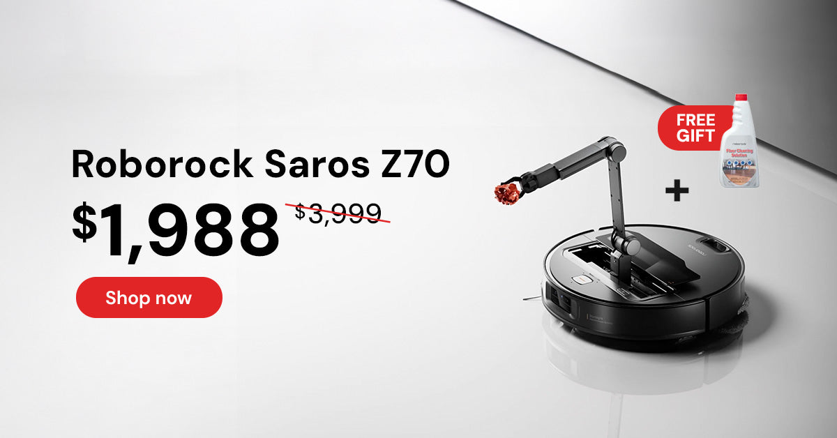 Roborock Saros Z70 robot vacuum cleaner with price and free gift offer on a white background